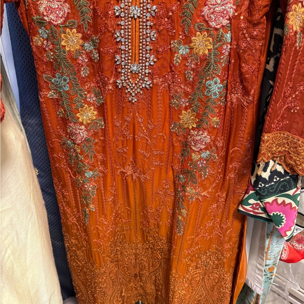 Chic Chiffon Embroidered Long Sleeve Dress / Kameeze pants and Dupatta in Orange